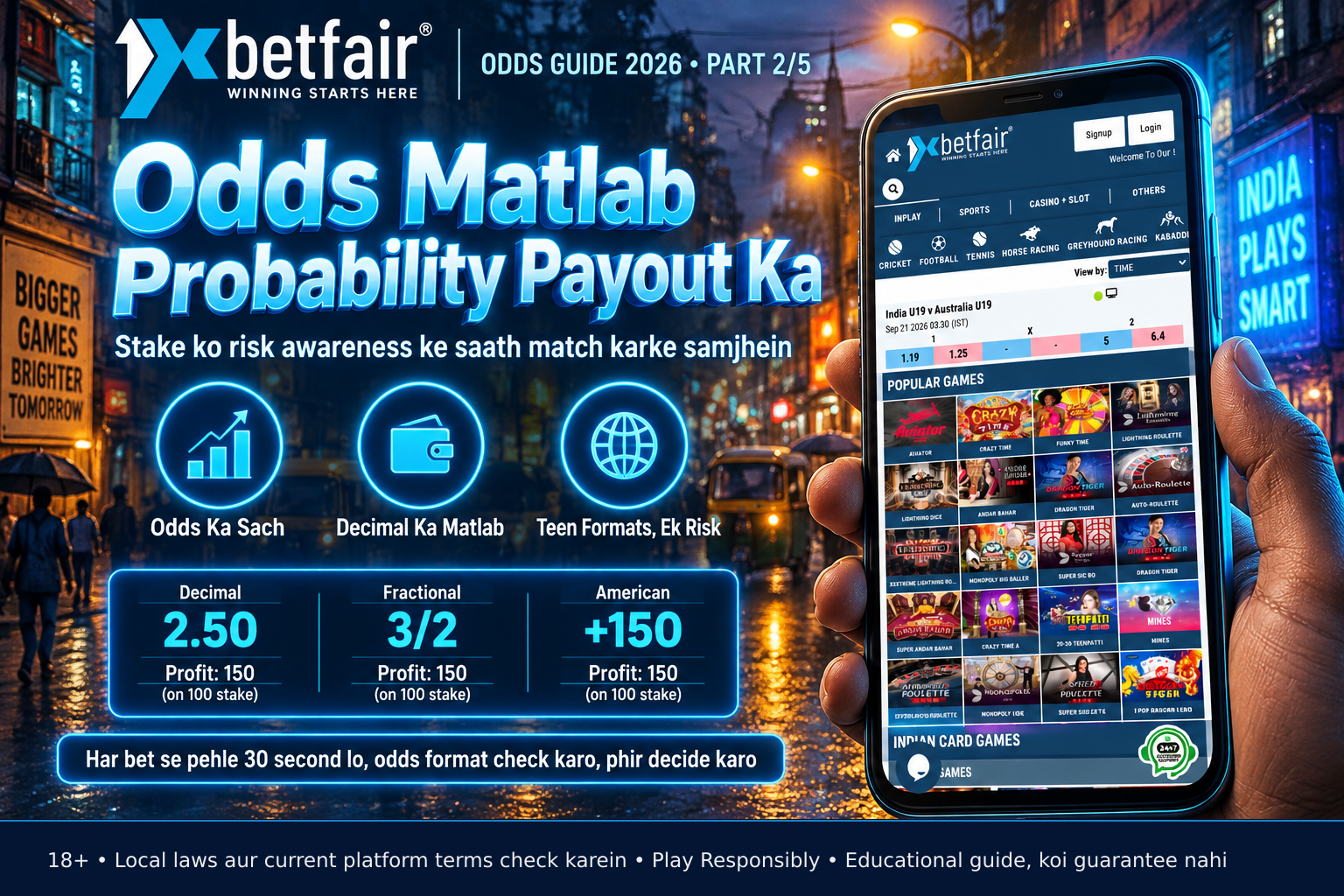 Smartphone display comparing decimal, fractional and American odds showing same ₹150 profit on ₹100 stake across all formats