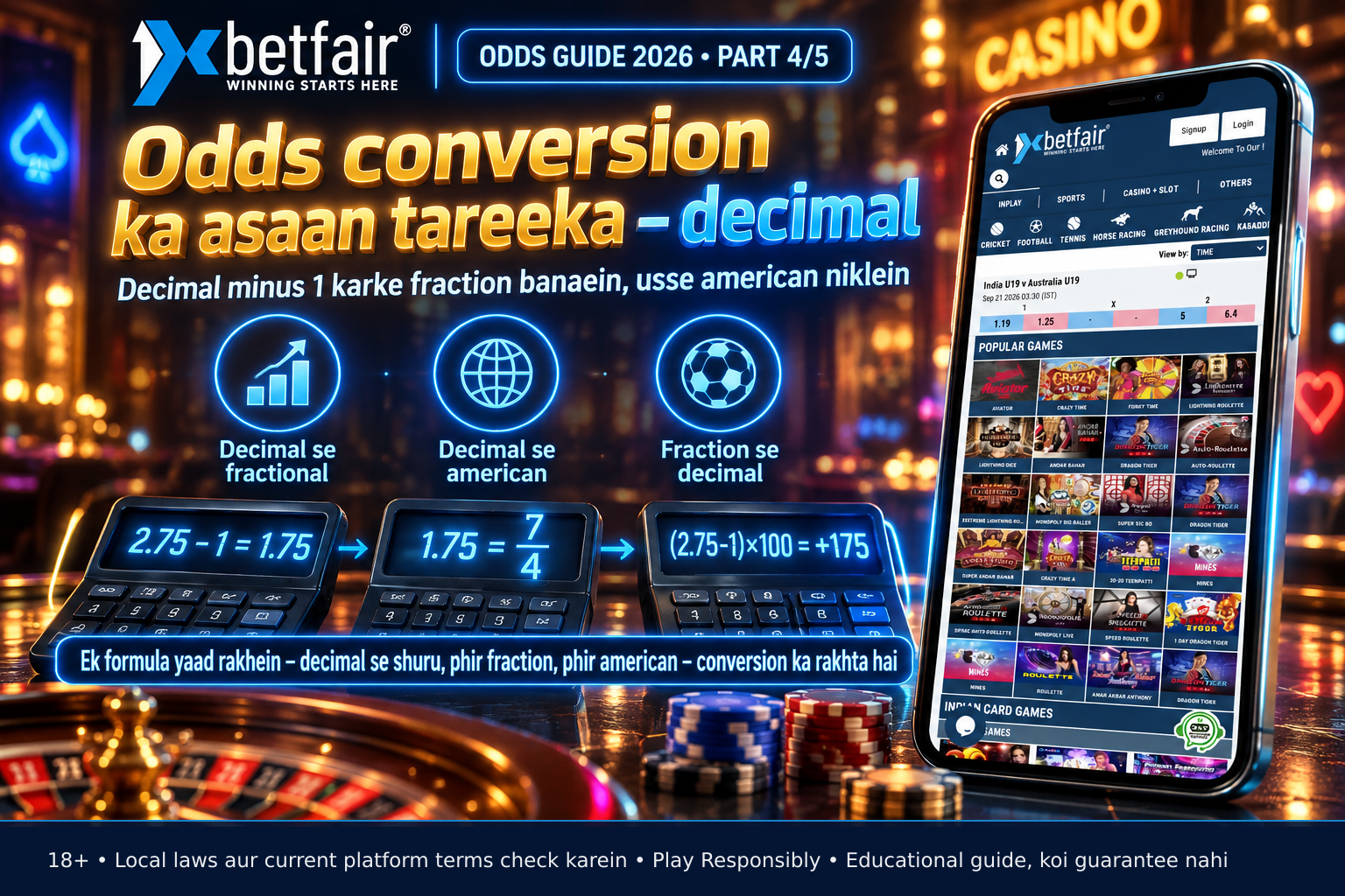 Calculator showing conversion steps from decimal 2.75 to fractional 7/4 to American +175 odds
