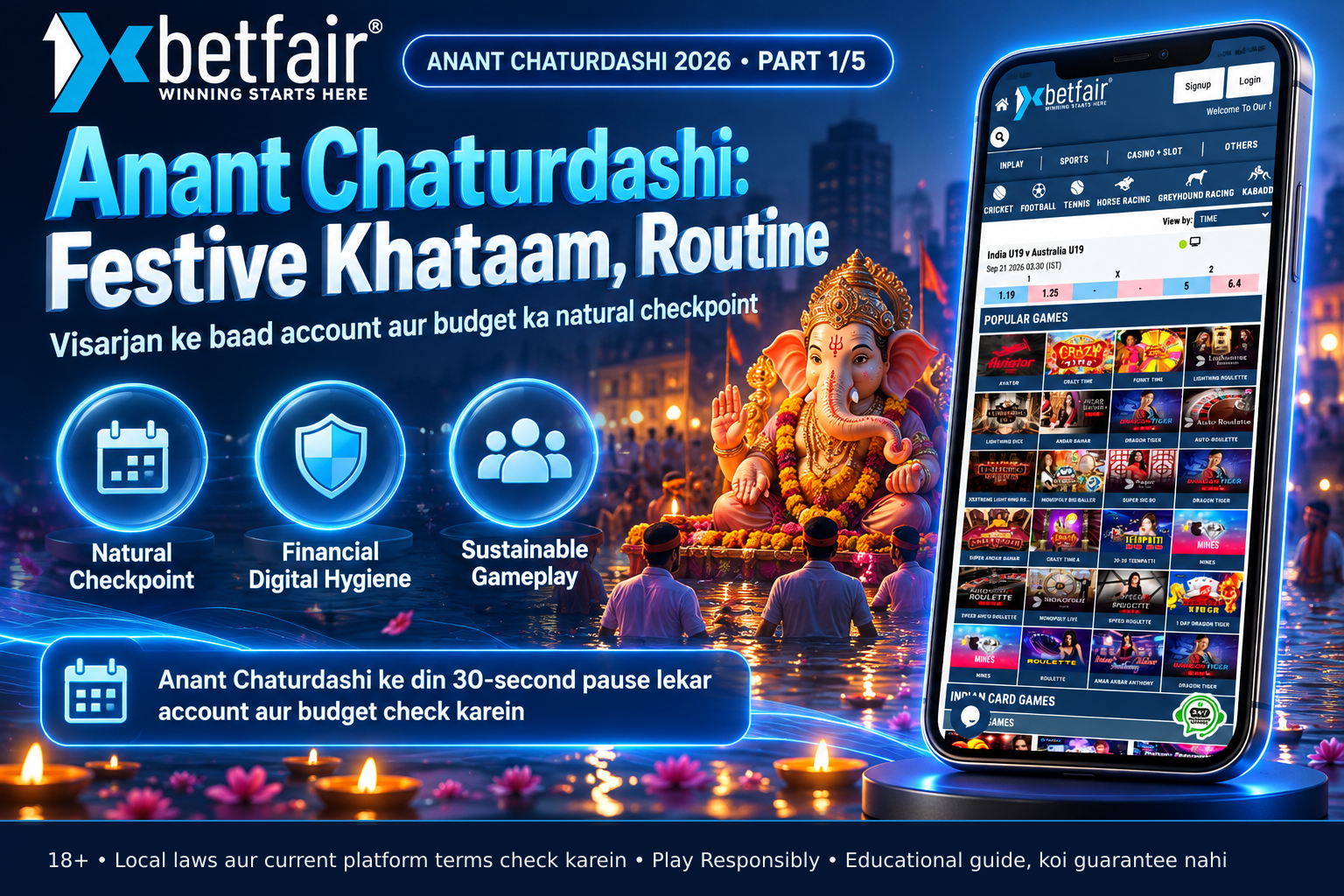 Smartphone showing Ganesh Visarjan live video with date overlay for Anant Chaturdashi 2026, representing the festival checkpoint moment