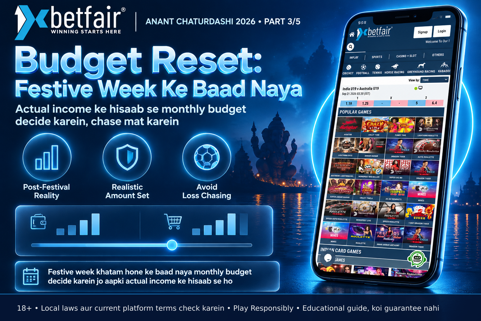 Smartphone displaying budget reset interface showing pre-festival spending, actual income, and new monthly budget limit adjustment