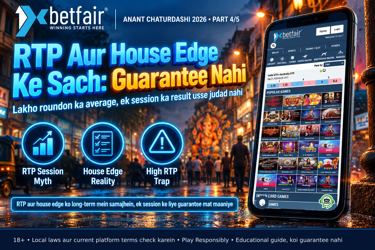 Smartphone displaying game info screen showing RTP and house edge percentages for educational purposes