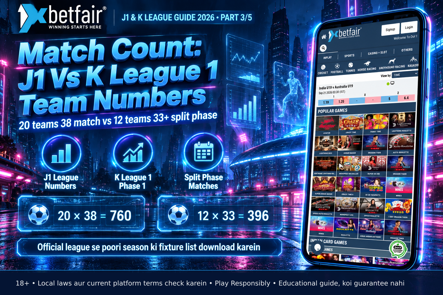 Calculator screen displaying match calculation formulas for J1 League (20 teams × 38 matches) and K League 1 first phase (12 teams × 33 matches) with football icons