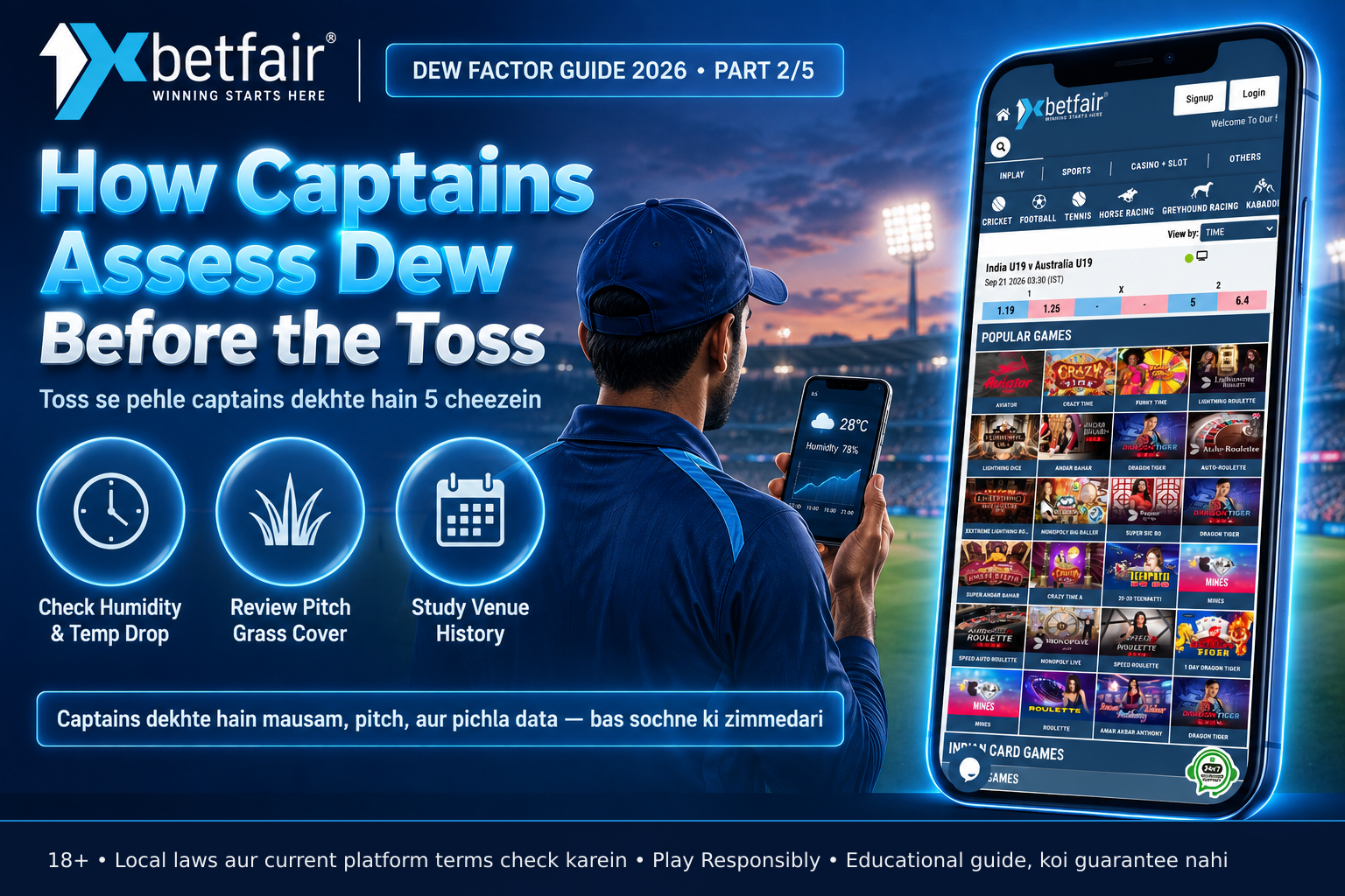 A cricket captain reviewing a weather forecast on a smartphone at groundside during evening, stadium lights activating in background, no visible text on phone