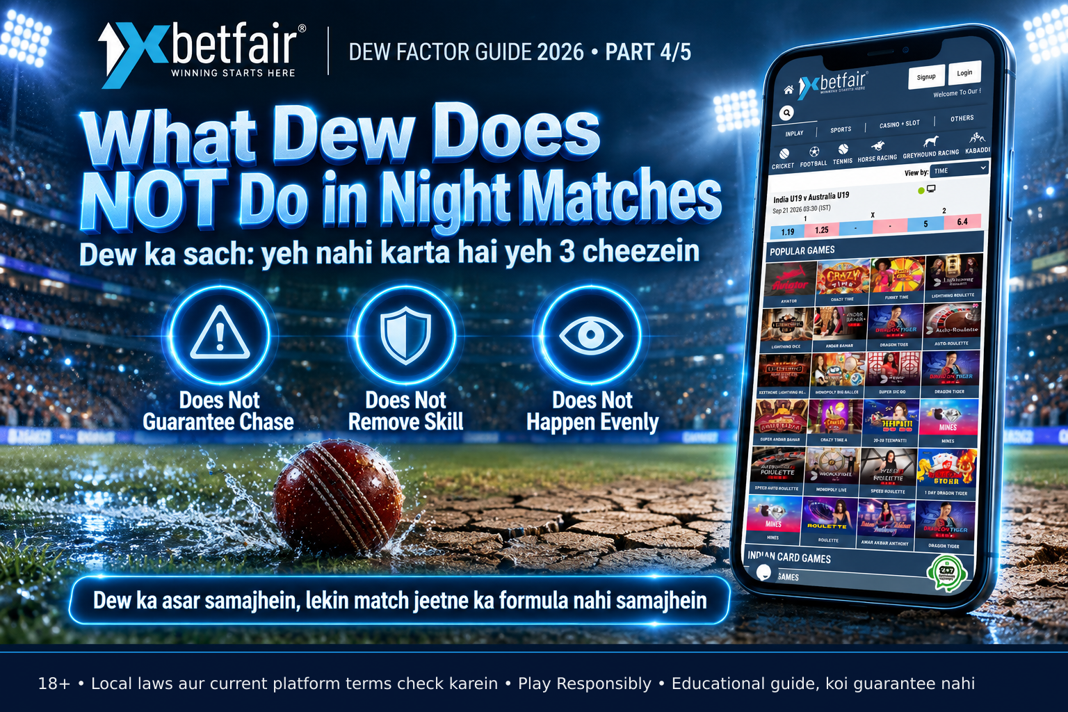 A cricket ball traversing partly dry, partly wet grass under night lights, veering slightly on wet patch, no text or logos