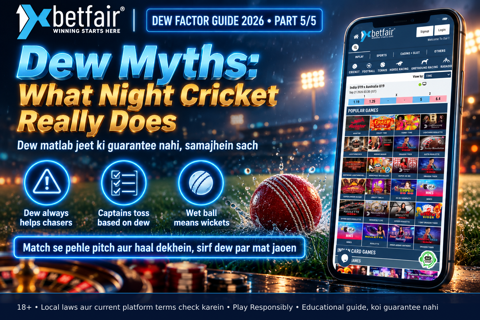 A cricket ball bouncing on wet outfield grass at night, showing reduced grip and skidding motion under stadium lights