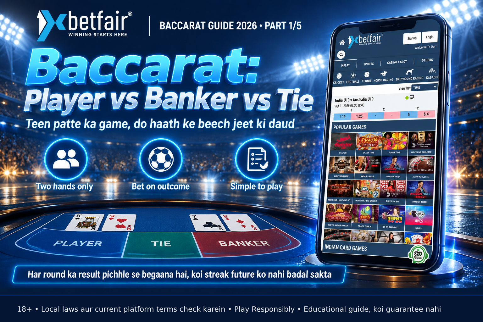 Mobile phone displaying a simplified baccarat table graphic with clearly marked Player Banker and Tie betting areas and card icons representing two competing hands