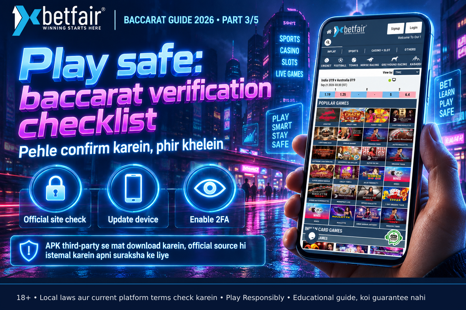 Smartphone held in a user's hand showing the mobile browser address bar displaying a valid HTTPS connection and padlock symbol alongside the correct 1xbetfair domain name for security verification