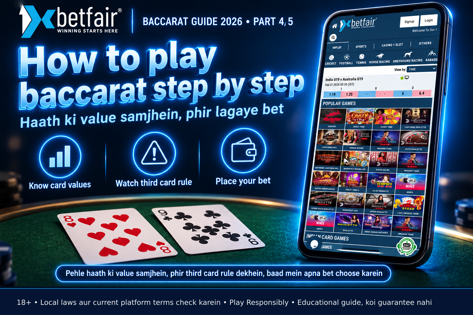 Two playing cards displayed face up on a green felt surface showing clear pip values and suits to illustrate hand total calculation in baccarat