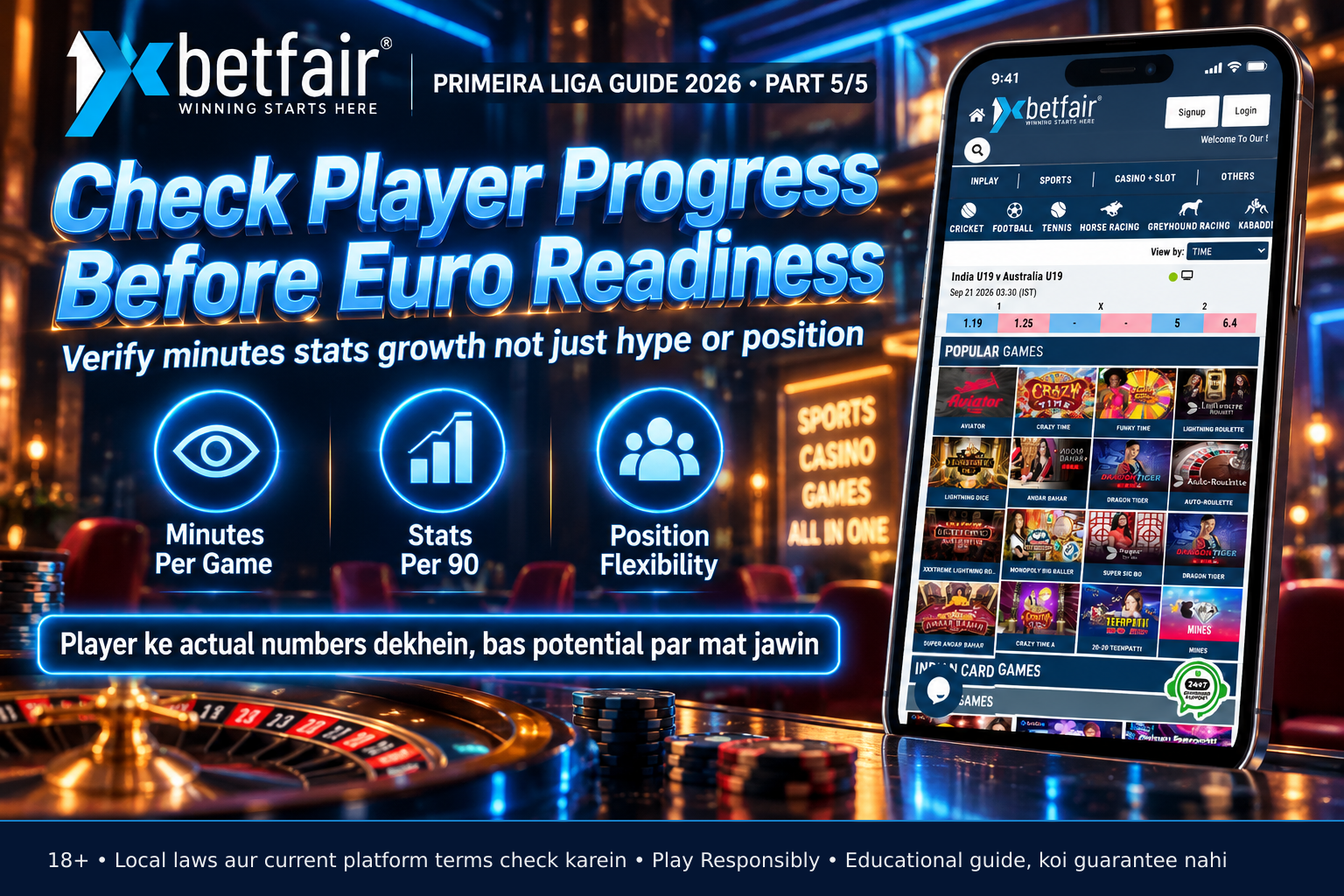 Verification checklist visual: phone showing player stats dashboard with minutes per game goals assists per 90 and position flexibility charts, using eye chart and users icons to verify readiness